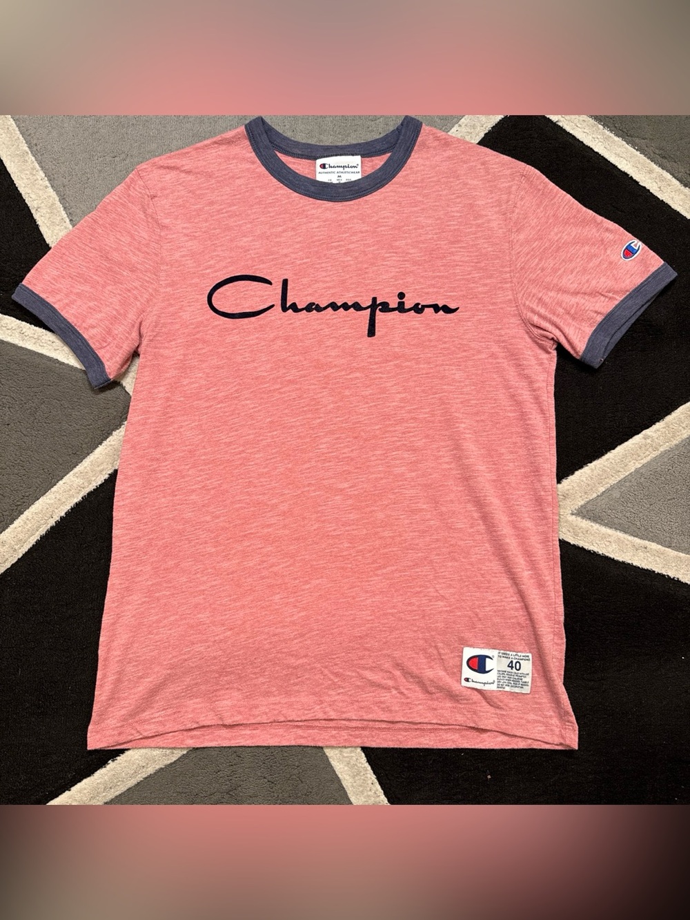 Champion heritage salmon pink felt script ringer tee
